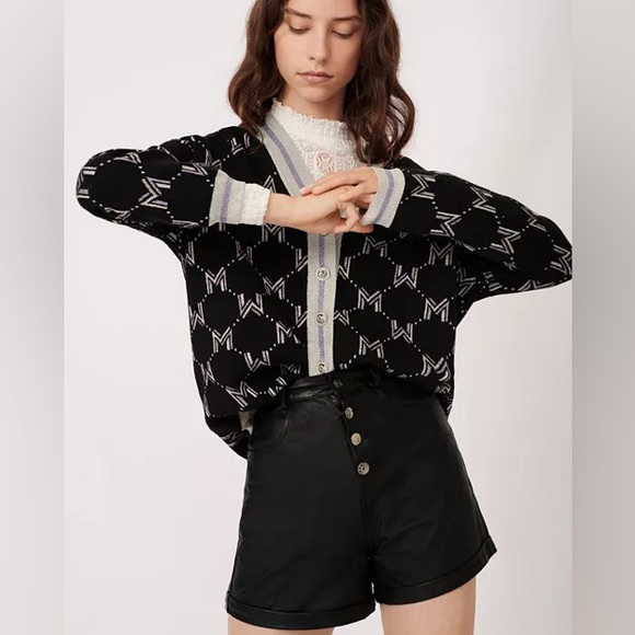 Maje Martch Monogrammed Metallic Jacquard Silver Black Cardigan - Picture 3 of 10
